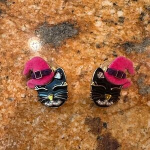 Black Cat Earrings with Pink Witch Hat